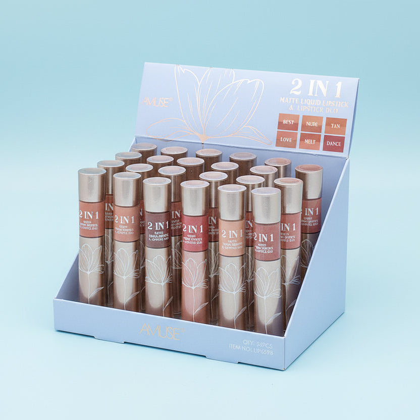 AMUSE - 2 IN 1 MATTE LIQUID LIPSTICK & LIPSTICK DUO - 6 COLORS - DISPLAY (24PCS)