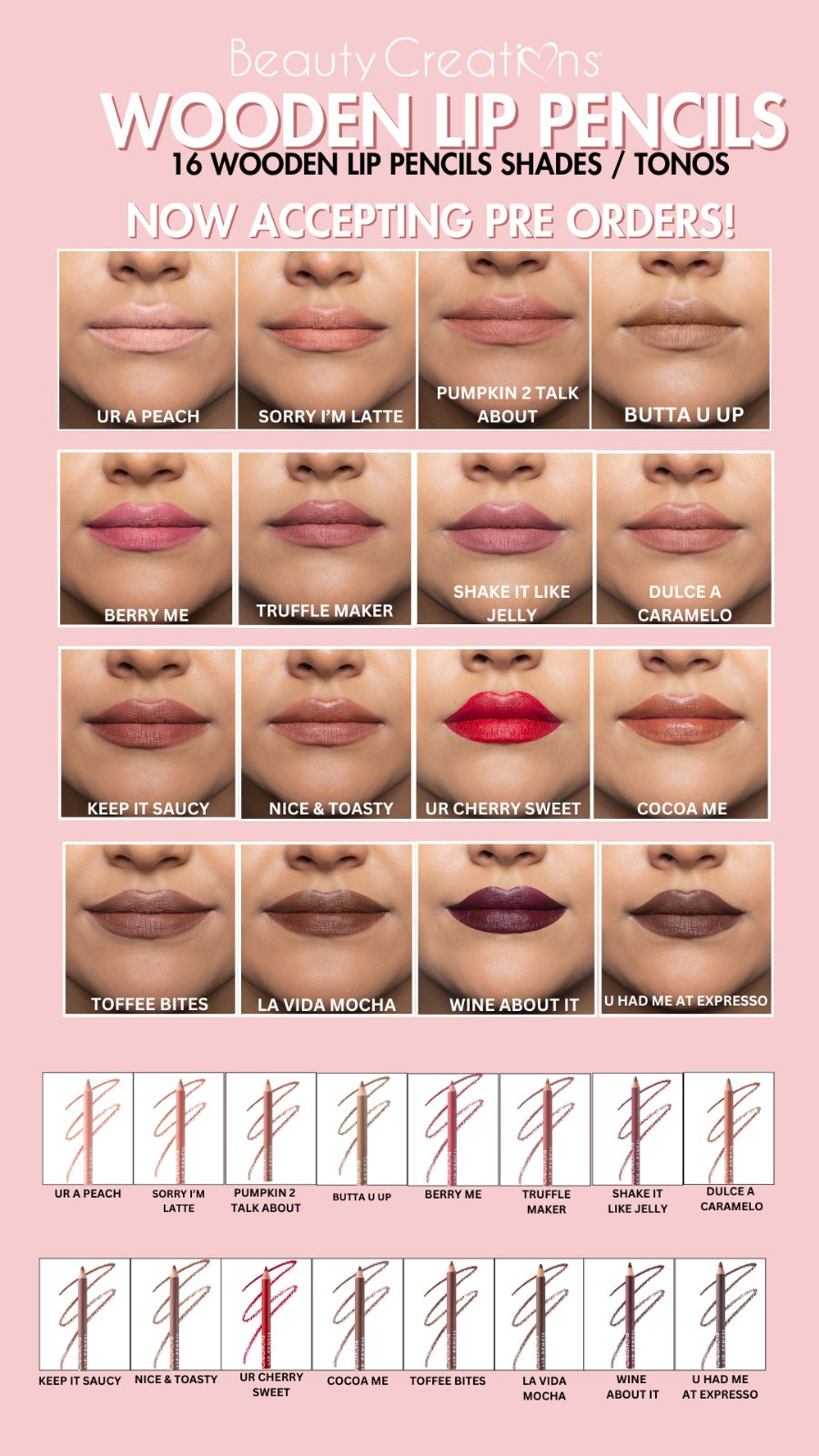 BEAUTY CREATIONS - LÁPICES DE LABIOS DE MADERA- 12UNDS