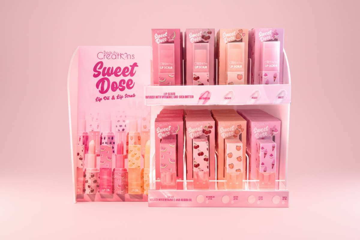 BEAUTY CREATIONS - SWEET DOSE DISPLAY (4 LIP OIL + 4 LIP SCRUB - 6PCS EACH) + TESTERS HALF OFF