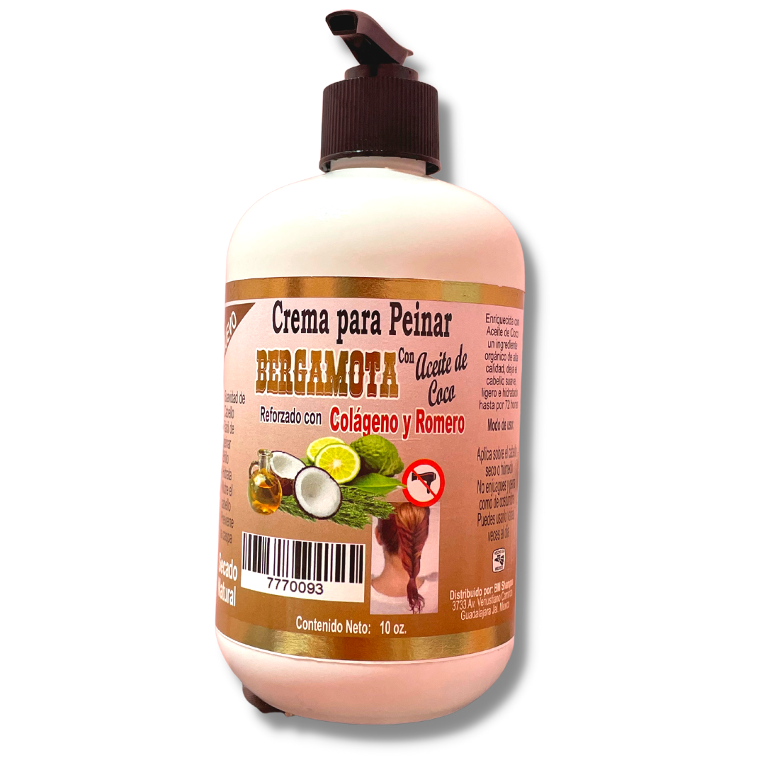 CREMA PARA PEINAR BERGAMOTA CON ACEITE DE COCO REFORZADA CON COLAGENO Y ROMERO 10 OZ (1PC)