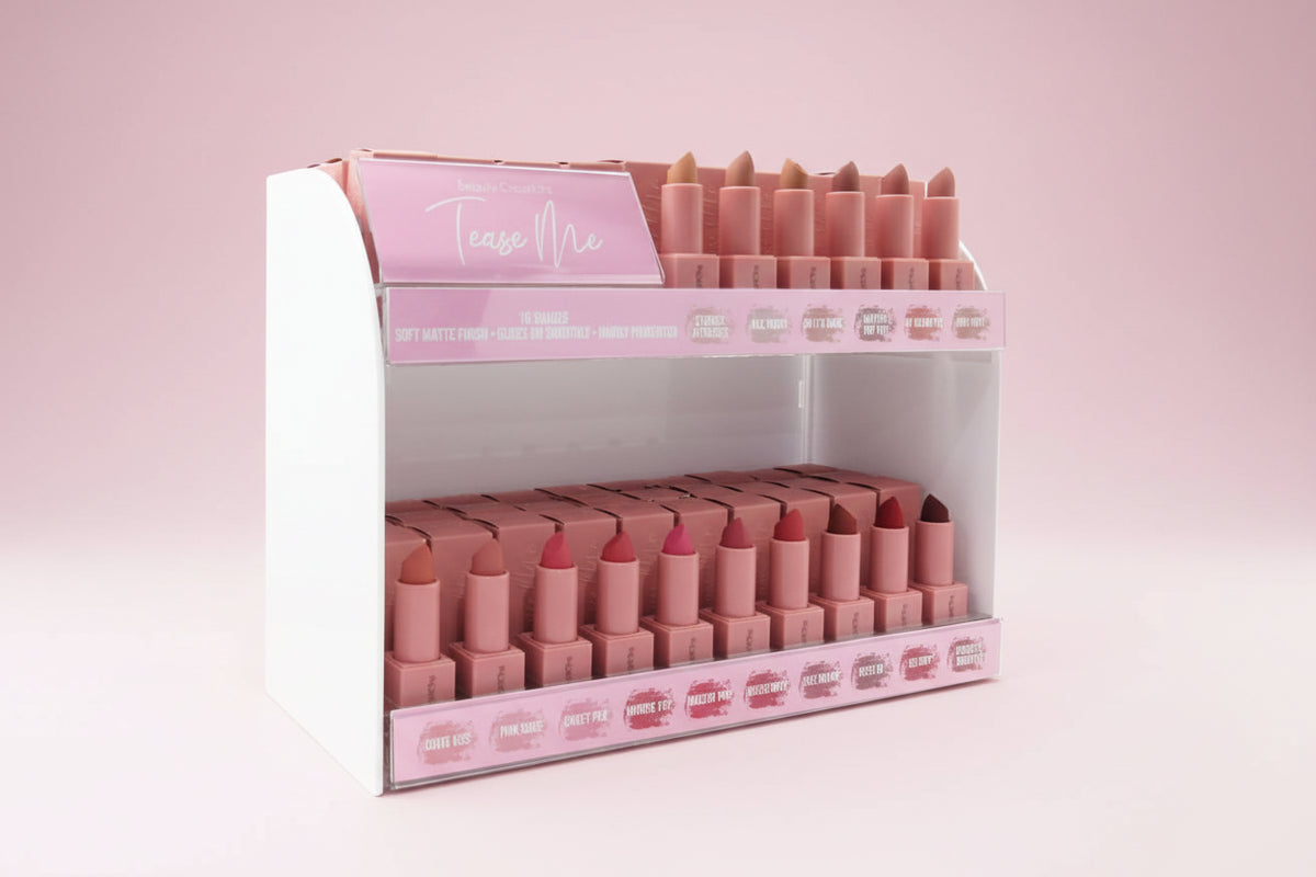BEAUTY CREATIONS- TEASE ME LIPSTICK- 96PCS + 16 FREE TESTERS HALF OFF