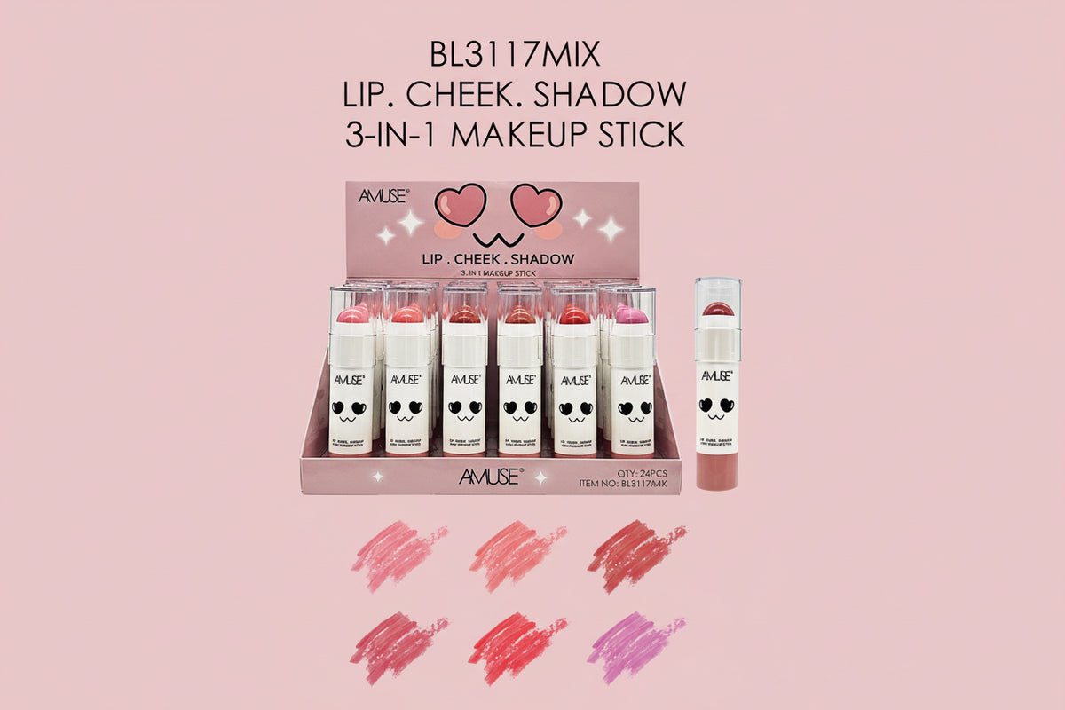 AMUSE- BARRA DE MAQUILLAJE 3 EN 1- LABIOS-MEJILLAS-SOMBRA- (24PCS)