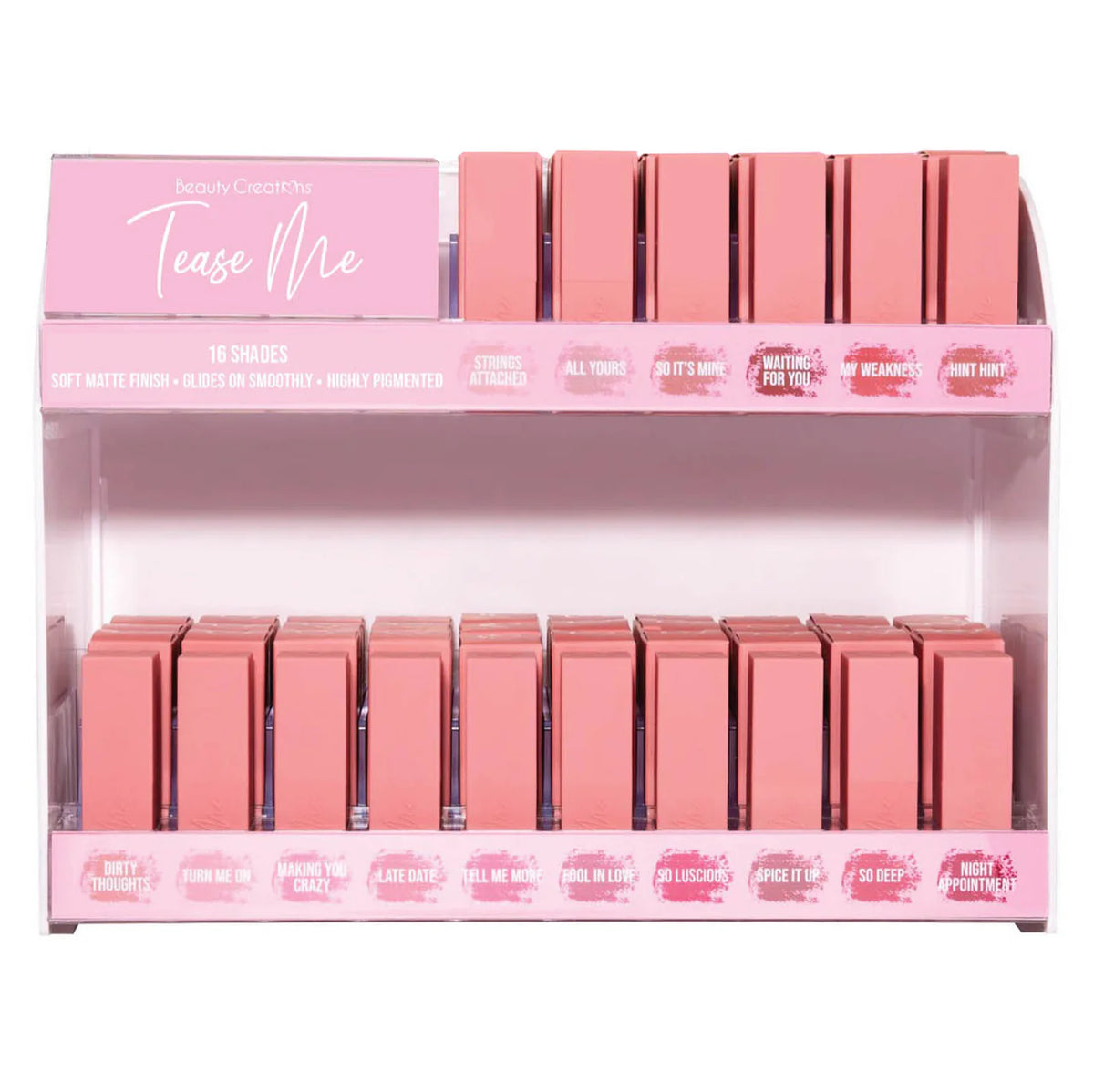 BEAUTY CREATIONS- TEASE ME LIPSTICK- 96PCS + 16 FREE TESTERS HALF OFF