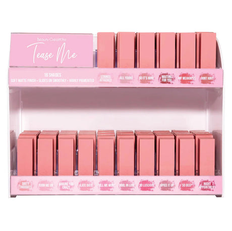 BEAUTY CREATIONS- TEASE ME LIPSTICK- 96PCS + 16 FREE TESTERS HALF OFF