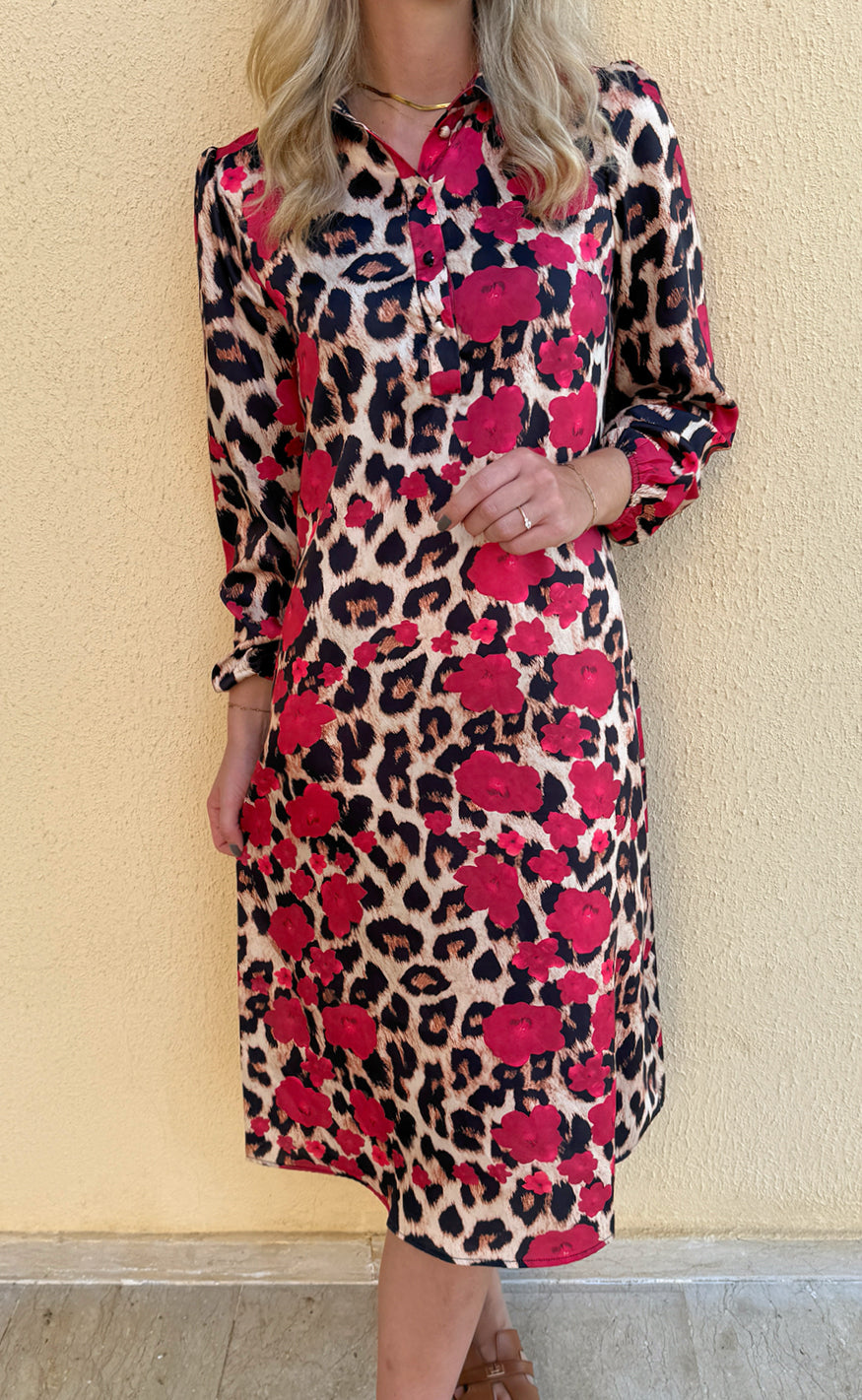 INA Copenhagen Kjole - Celeste LS - Leopard / Red Flowers