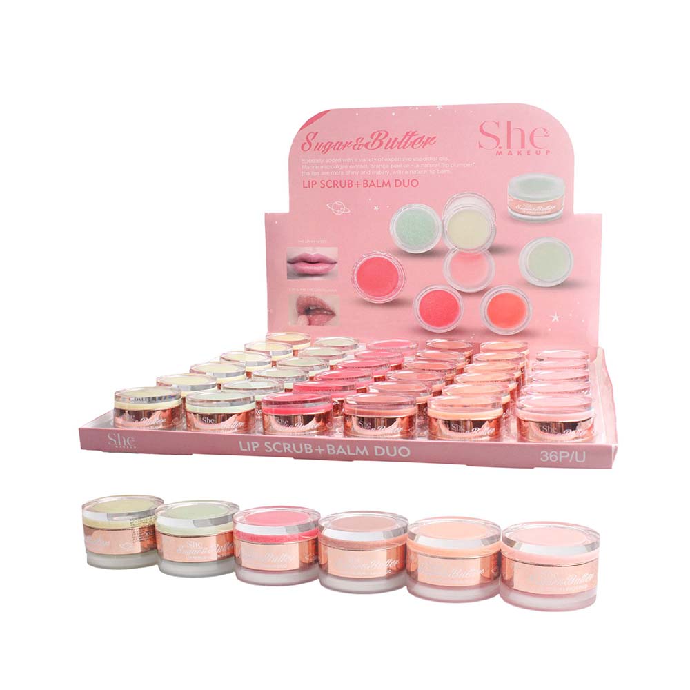 SHE MAKEUP - LIP SCRUB + BALM DUO - DISPLAY 36PC