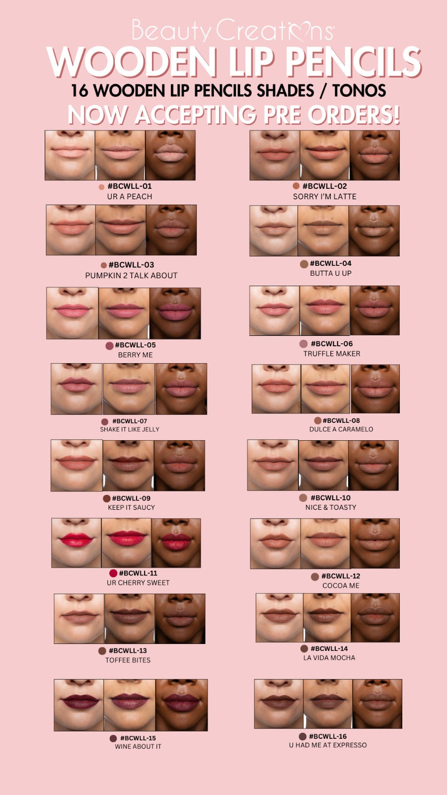 BEAUTY CREATIONS - LÁPICES DE LABIOS DE MADERA- 12UNDS