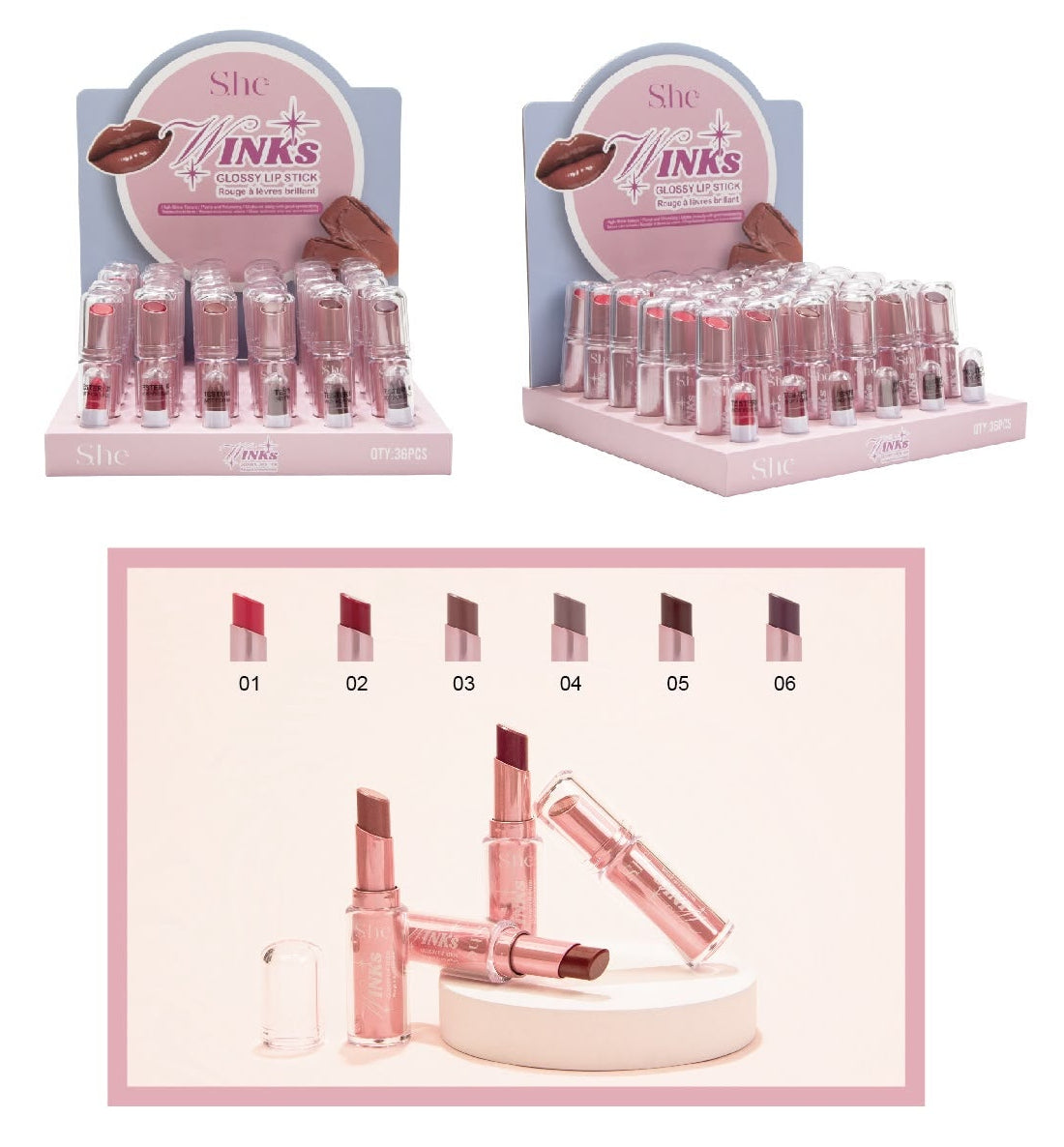S.HE MAKEUP - WINKS GLOSSY LIP STICK (36PCS)