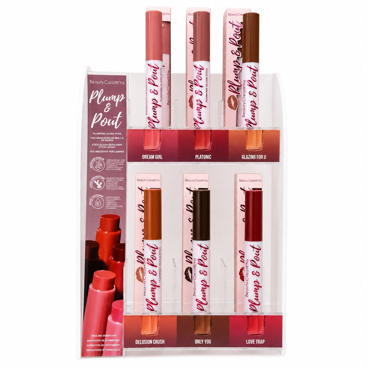 BEAUTY CREATIONS- PLUMP & POUT  (6PCS EACH + TESTER HALF OFF ) DISPLAY