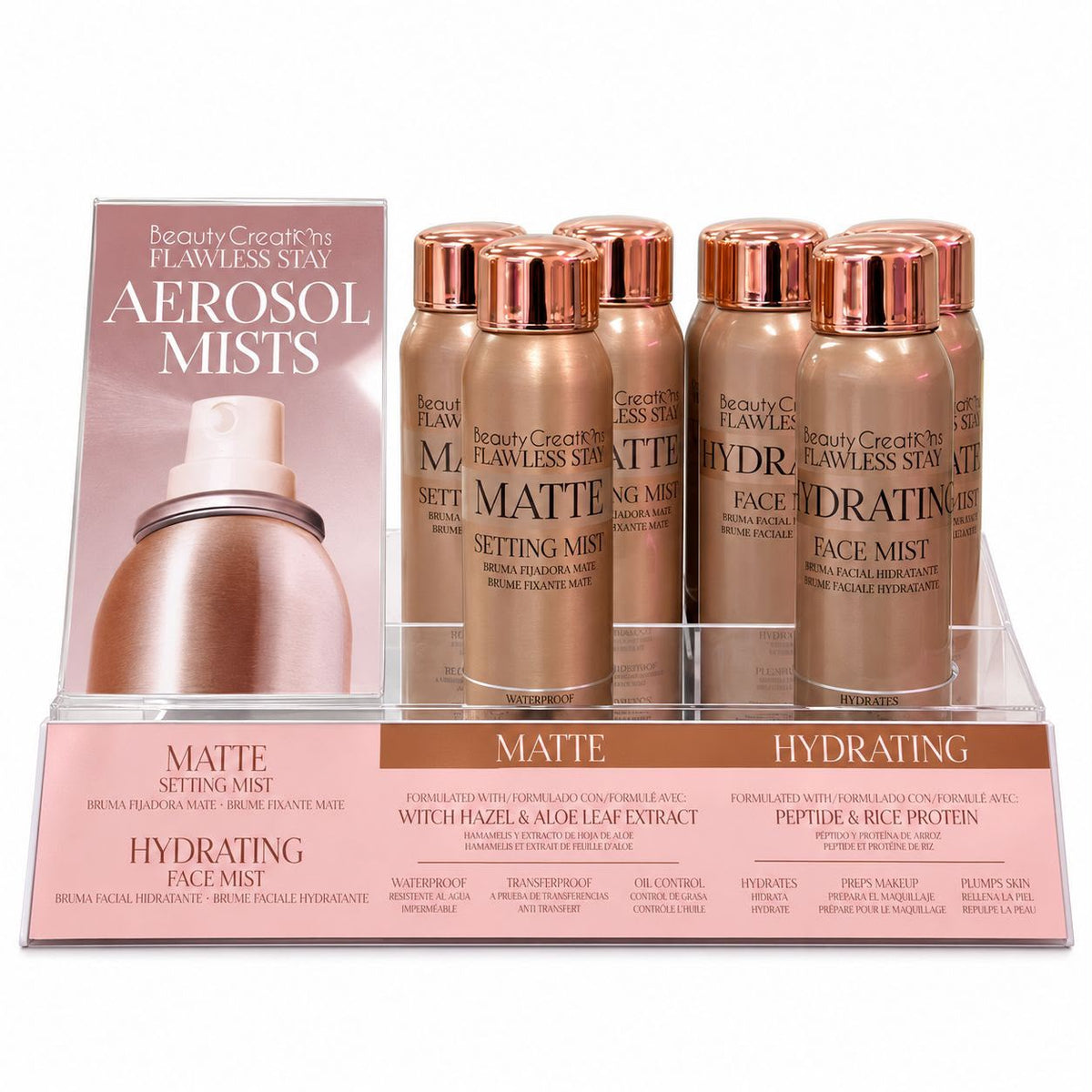 PRE-SALE - BEAUTY CREATIONS- FLAWLESS STAY AEROSOL MISTS - HYDRATING & MATTE DISPLAY