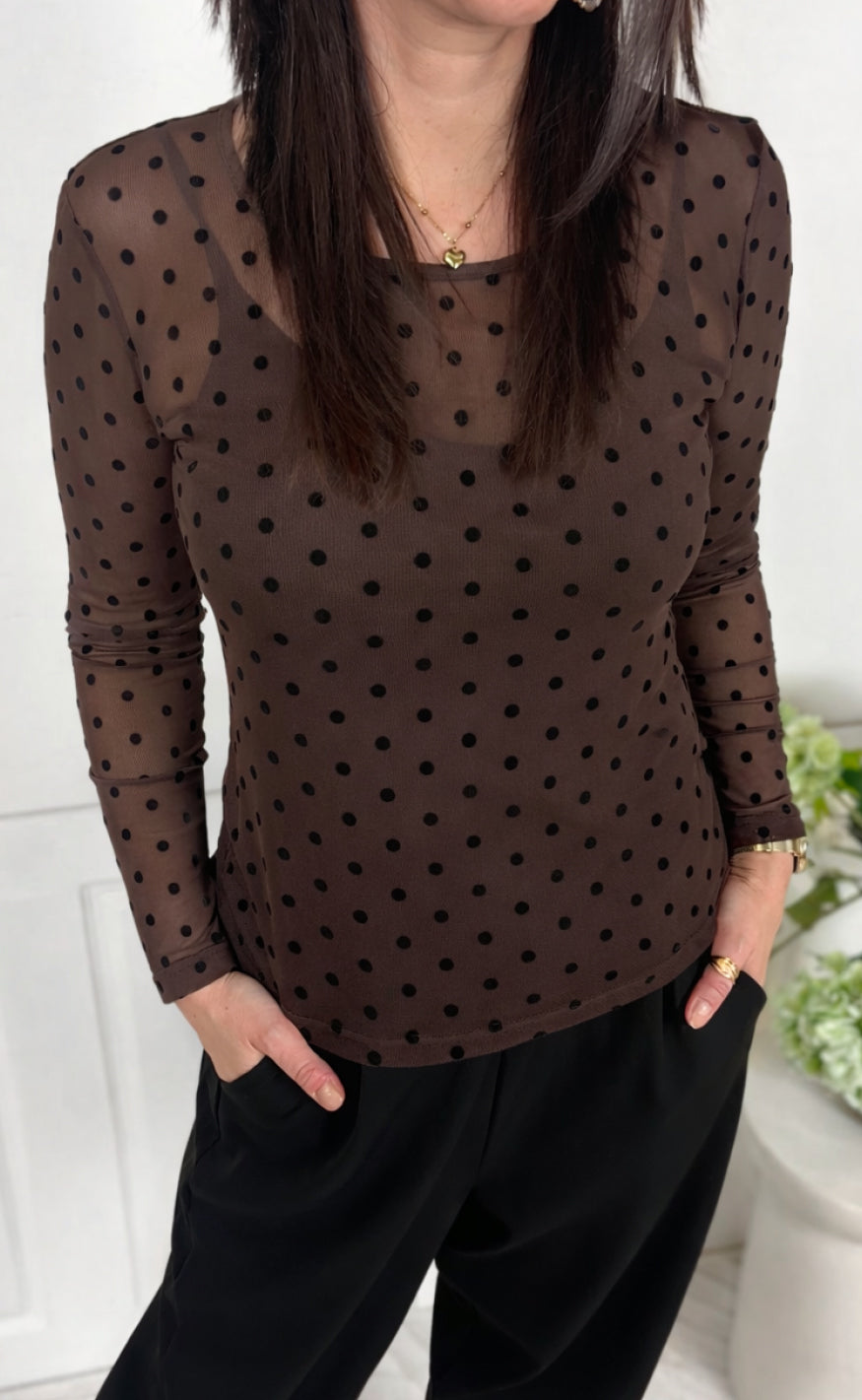 Say INA Copenhagen Bluse - Sophia Mesh - Brown W. Black Dots