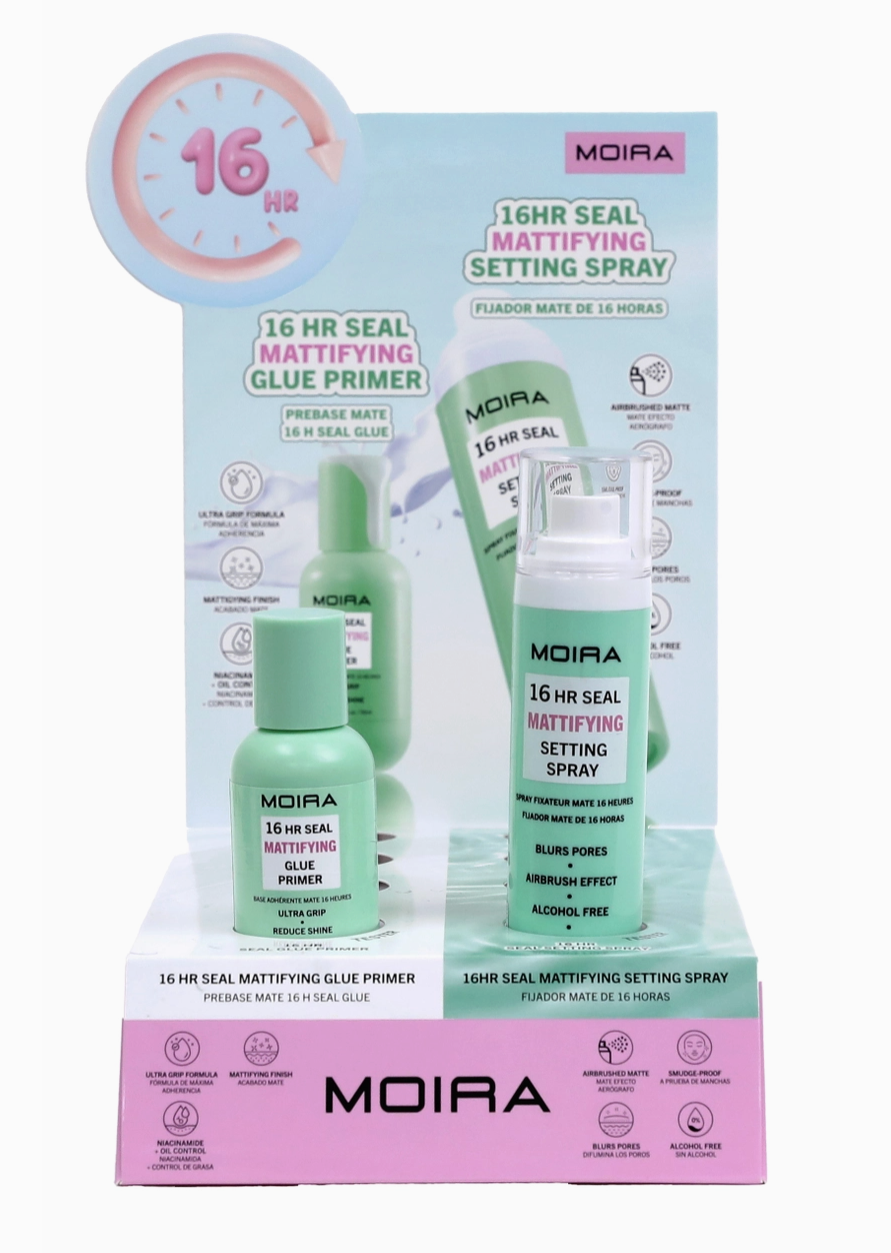 MOIRA- 16HR SEAL MATTIFYING GLUE PRIMER AND SETTING SPRAY- CARDBOARD DISPLAY