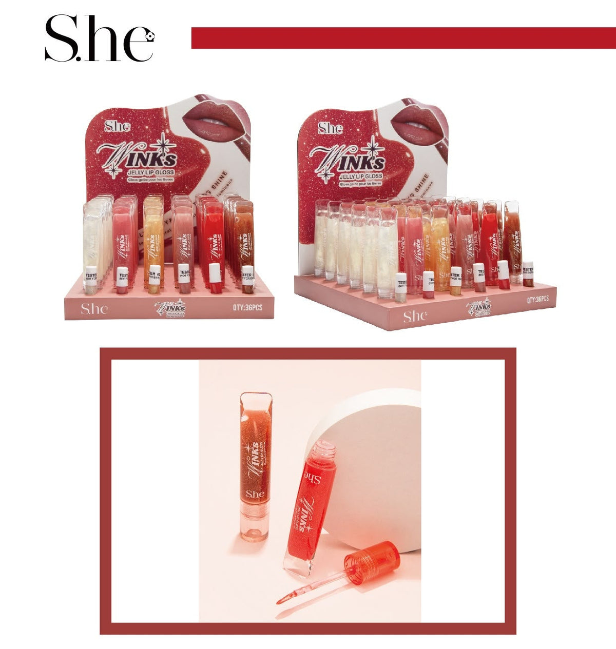 SHE MAKEUP - WINKS JELLY LIP GLOSS - DISPLAY (36PCS)