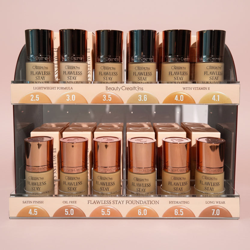 BEAUTY CREATIONS - BASE DE MAQUILLAJE FLAWLESS STAY - NEW PRO - (EXHIBIDOR DE MOSTRADOR - 72 PIEZAS + PROBADORES GRATIS)