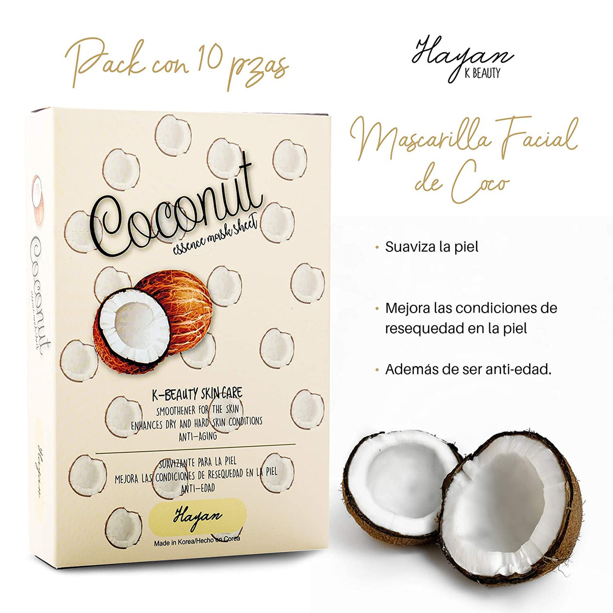 HAYAN K-BEAUTY - HOJA DE MASCARILLA ESENCIA DE COCO - 10 UDS